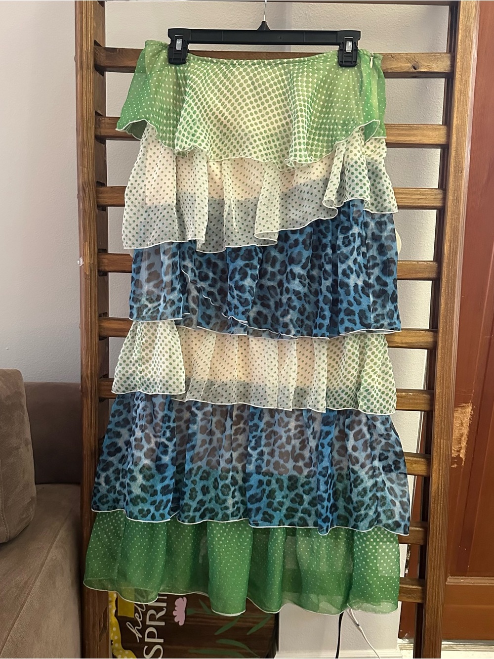 Tiered Maxi Skirt with Green, Blue & Cream Prints
